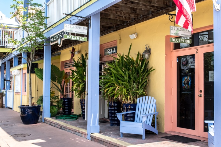 Historic Downtown Stuart, Florida, USA-October 21, 2019: Shops, restaurants, and hotels along the streets of this St. Lucie River town along the Treasure Coast, Hobe Sound, Martin County