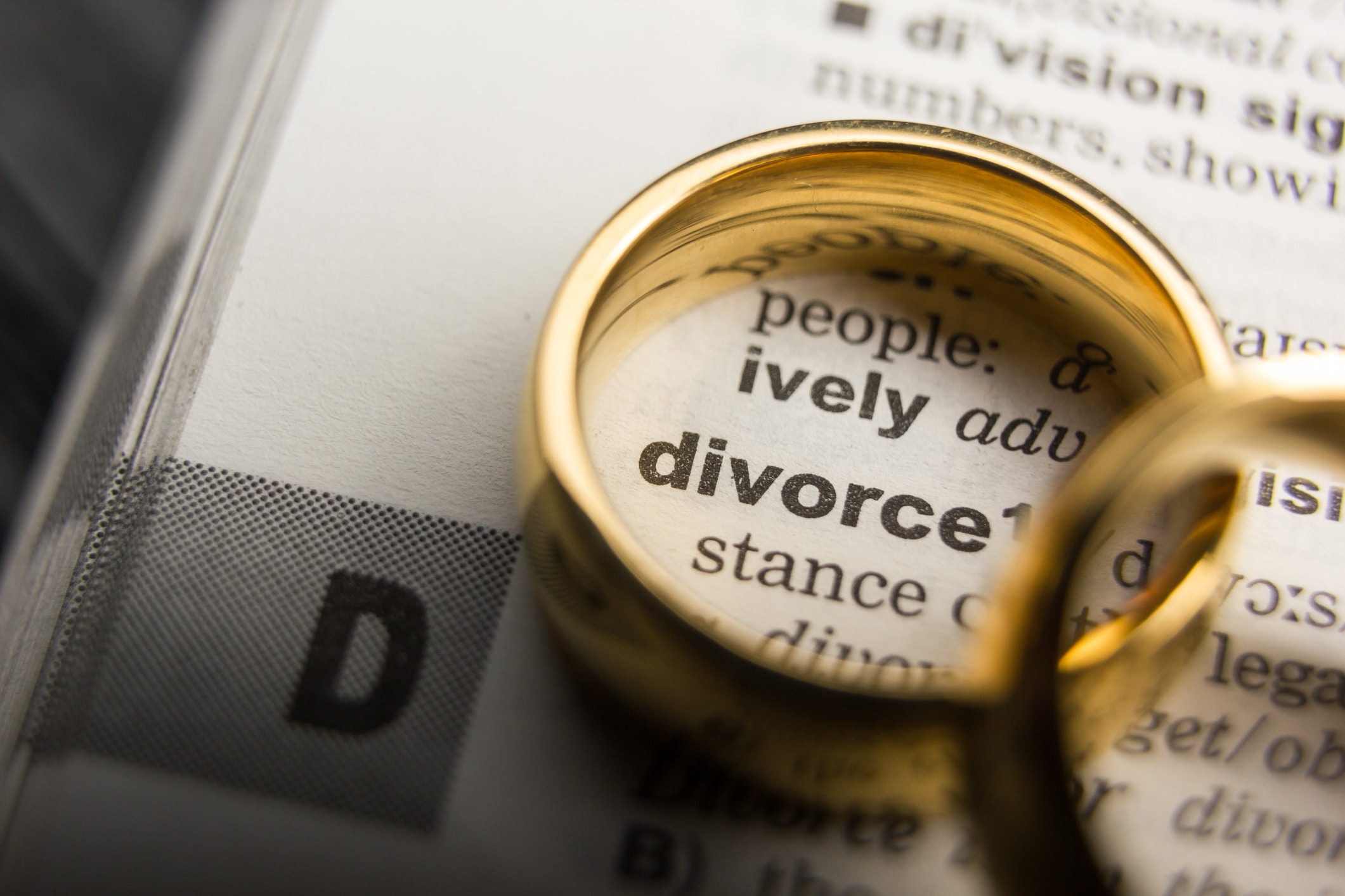 Two wedding rings resting on a dictionary entry for divorce